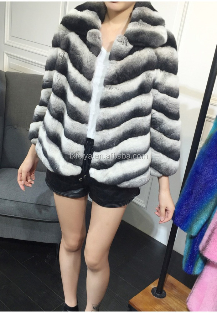 New Rex Rabbit Fur Chinchilla Jacket Coat for Women Dyed Fur Garment