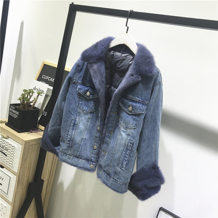 Hot Sale Women's Denim Jacket Fur Parka Winter Warm Mink Fur Down Coats Short Parka