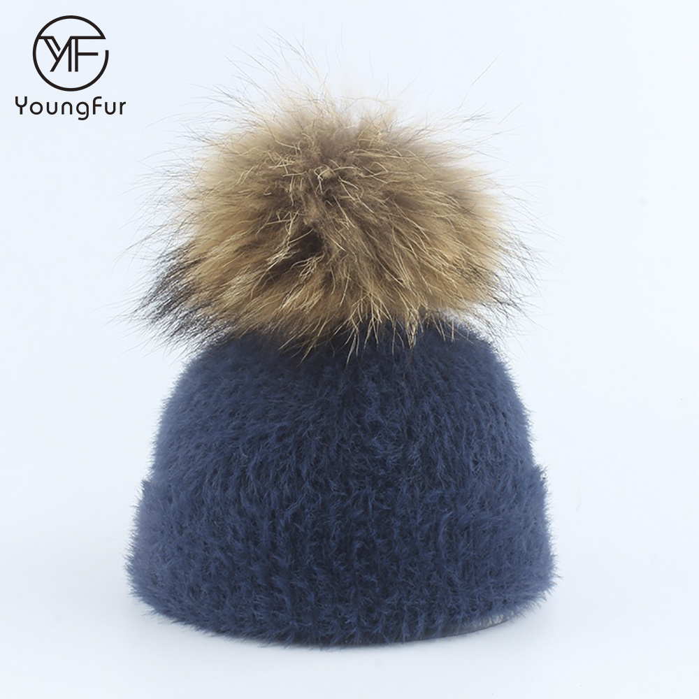 Factory Wholesale Winter Raccoon Fur Knitted Imitate Mink Fur Hat For Children