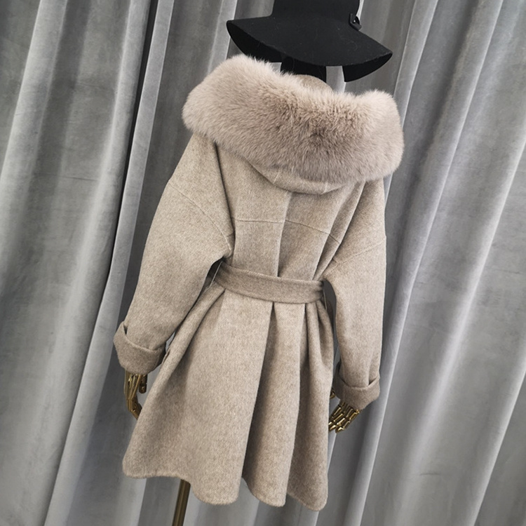 100% Cashmere Coat Women with Belt Fox Fur Trim Double Faced Wool Coat