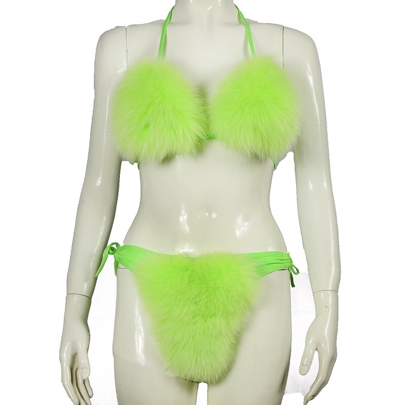 2023 Sexy Women Swimsuit Fox Fur Bikini High Quality Fur Bra Lady Bathing Suit Swimwear Bikini