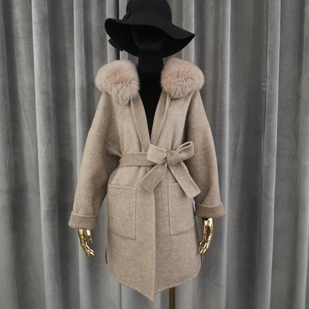 100% Cashmere Coat Women with Belt Fox Fur Trim Double Faced Wool Coat