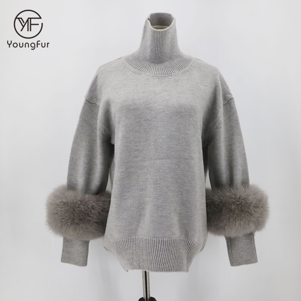 2021 Fashionable 100%  Cashmere Women's Sweaters Winter Warm Knitted Ladies Custom Luxury Cashmere Sweater With Fur Cuff