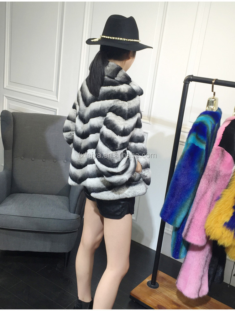 New Rex Rabbit Fur Chinchilla Jacket Coat for Women Dyed Fur Garment