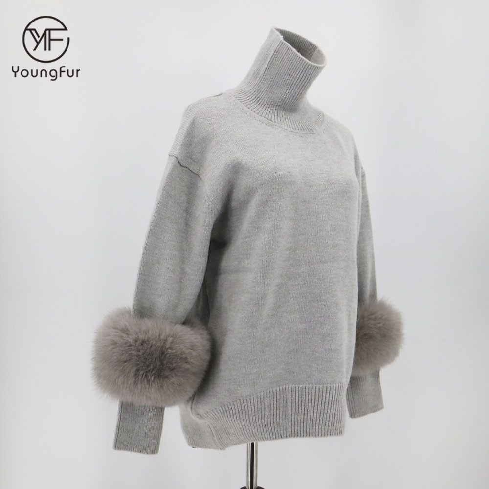 2021 Fashionable 100%  Cashmere Women's Sweaters Winter Warm Knitted Ladies Custom Luxury Cashmere Sweater With Fur Cuff