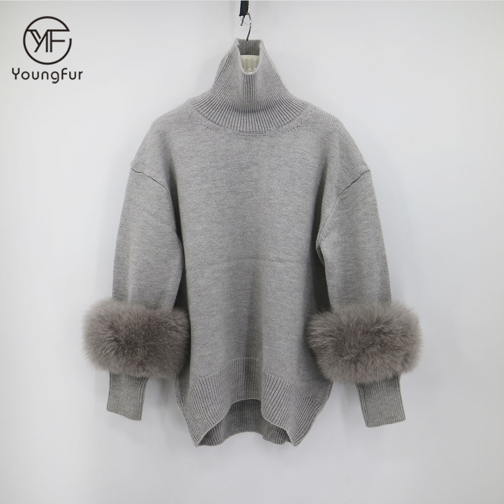 2021 Fashionable 100%  Cashmere Women's Sweaters Winter Warm Knitted Ladies Custom Luxury Cashmere Sweater With Fur Cuff