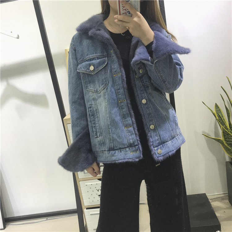 Hot Sale Women's Denim Jacket Fur Parka Winter Warm Mink Fur Down Coats Short Parka