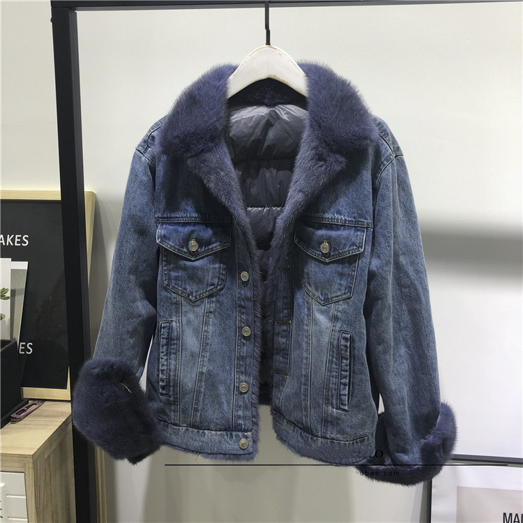 Hot Sale Women's Denim Jacket Fur Parka Winter Warm Mink Fur Down Coats Short Parka