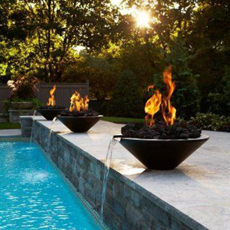 corten steel gas Fire pit with water feature for garden swimming pool