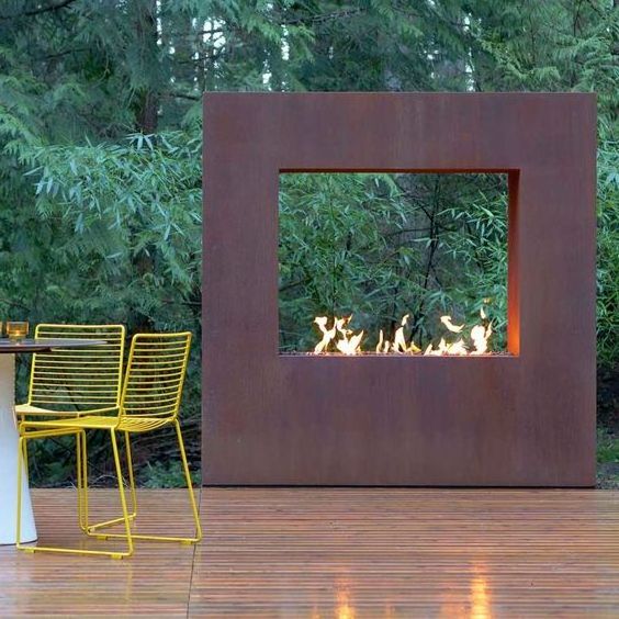 Decorative corten steel gas outdoor fireplace propane with log store