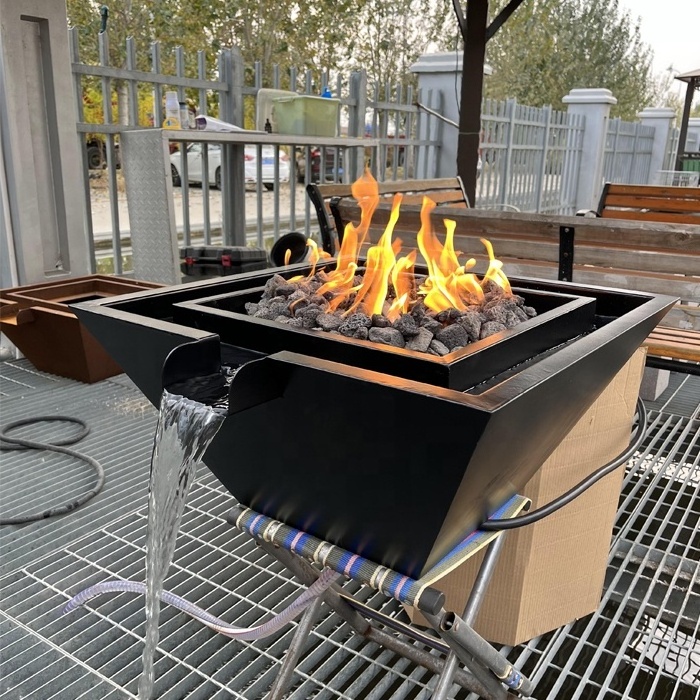 New Style Garden Backyard Gas Brazier Water Feature Square Corten Steel Fire Pit Water Bowl