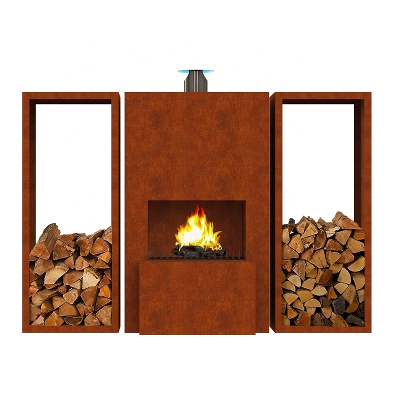 Decorative corten steel gas outdoor fireplace propane with log store