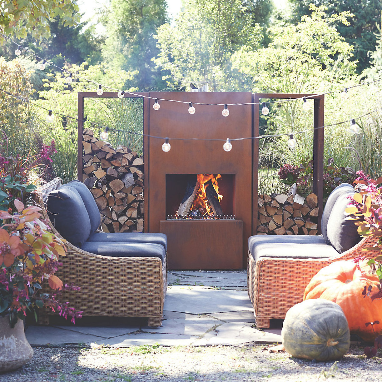 Decorative corten steel gas outdoor fireplace propane with log store