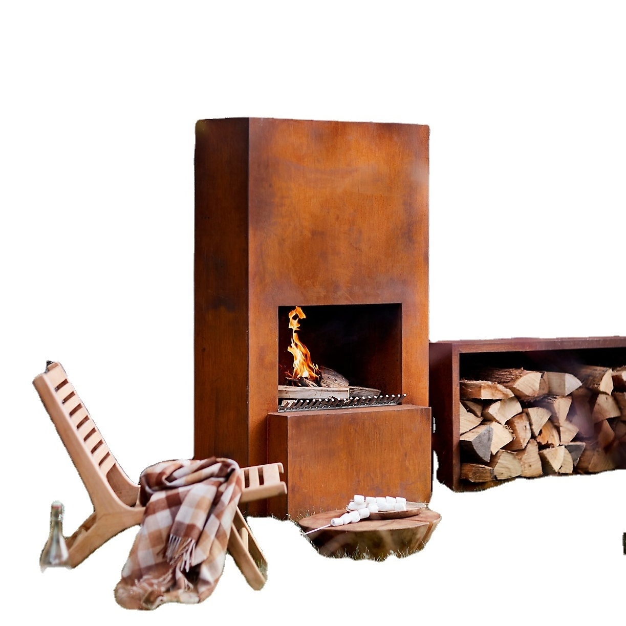 Decorative corten steel gas outdoor fireplace propane with log store