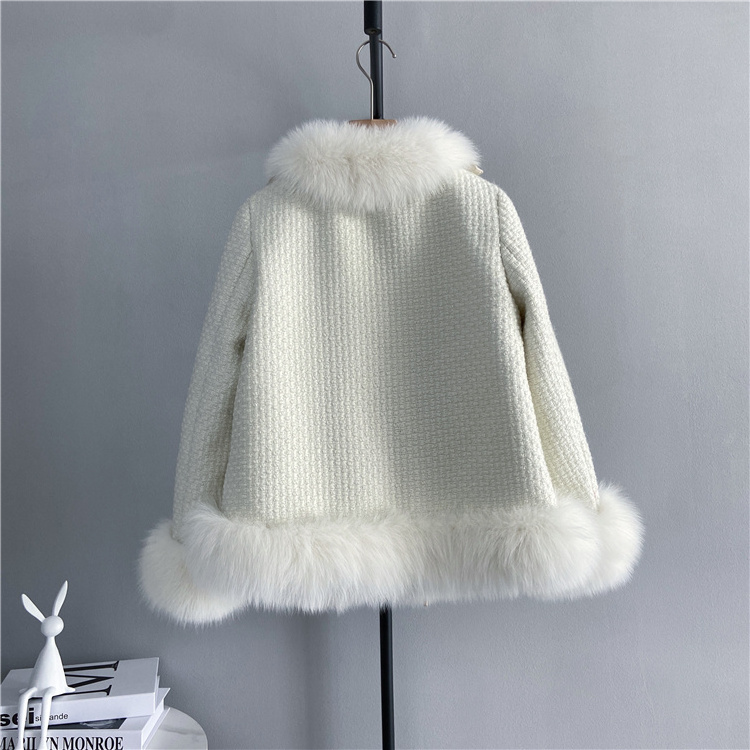 Factory Drop Shipping Knitted Tweed Wool Jacket With Real Fox Fur Trim Winter Women Fur Coat