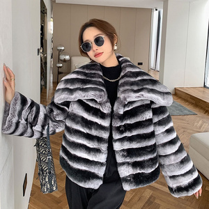 Winter Chinchilla Fur Coat For Women Thick Warm Soft Big Fur Collar Real Rex Rabbit Fur Coat