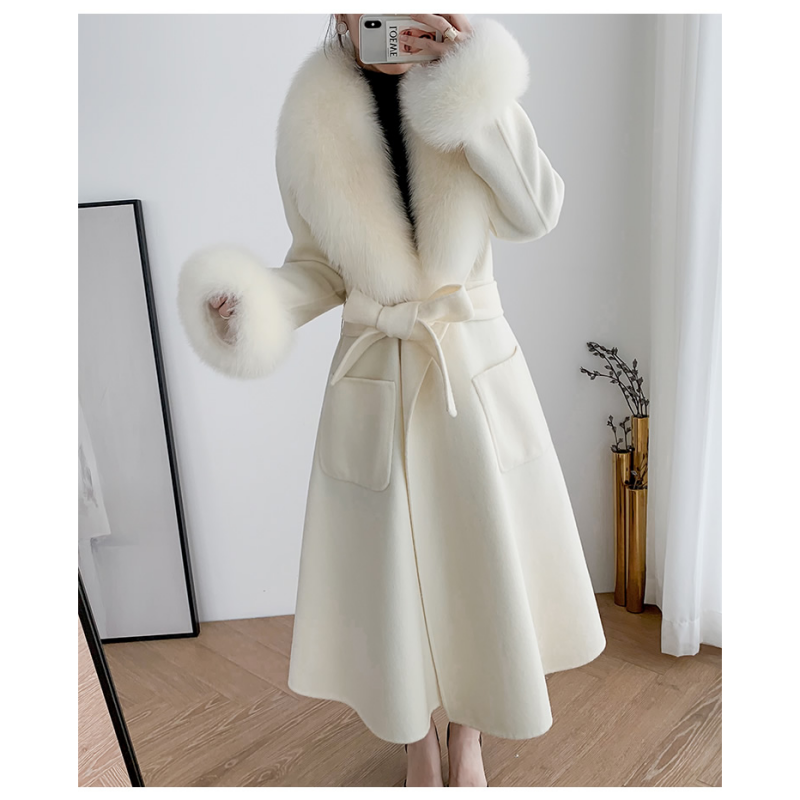 Winter Cashmere Wool Fur Fox Coat Long Style White Luxury Outerwear Belt Alpaca Coat Women With Real Animal Fur Trim