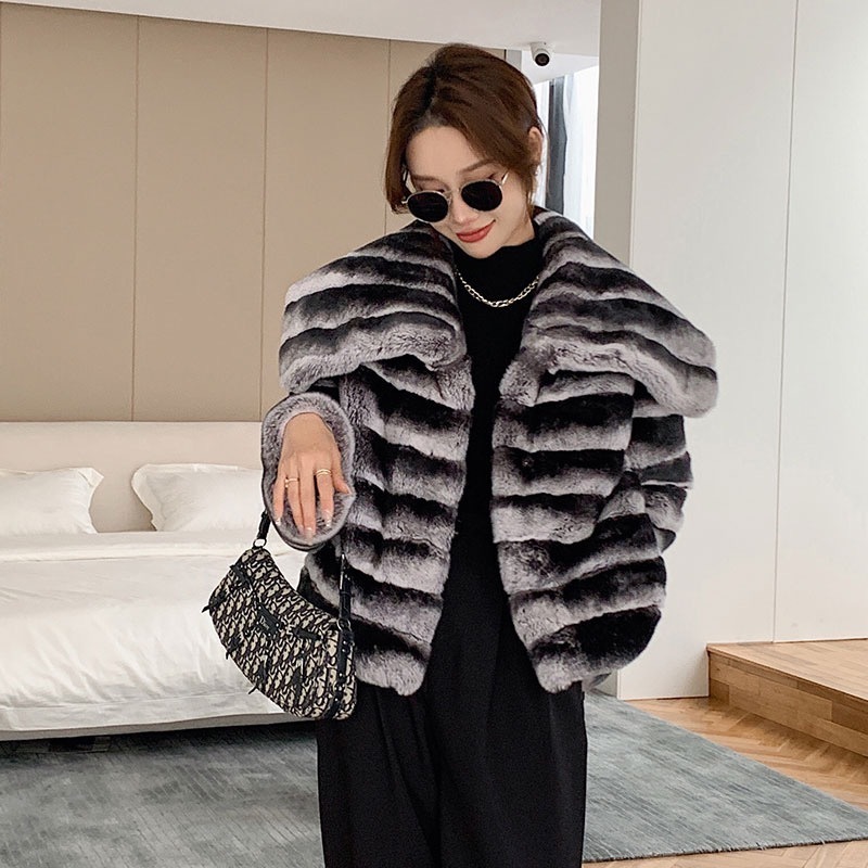 Winter Chinchilla Fur Coat For Women Thick Warm Soft Big Fur Collar Real Rex Rabbit Fur Coat