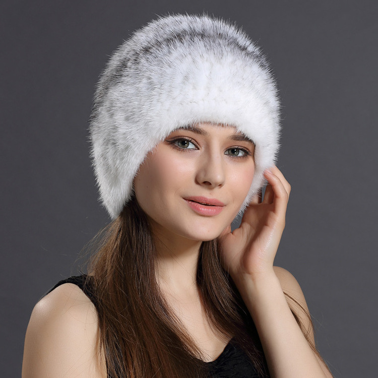 Knitted Real Mink Fur Hat Winter Warm Furry Real Fur Beanie Hat Women Fashion