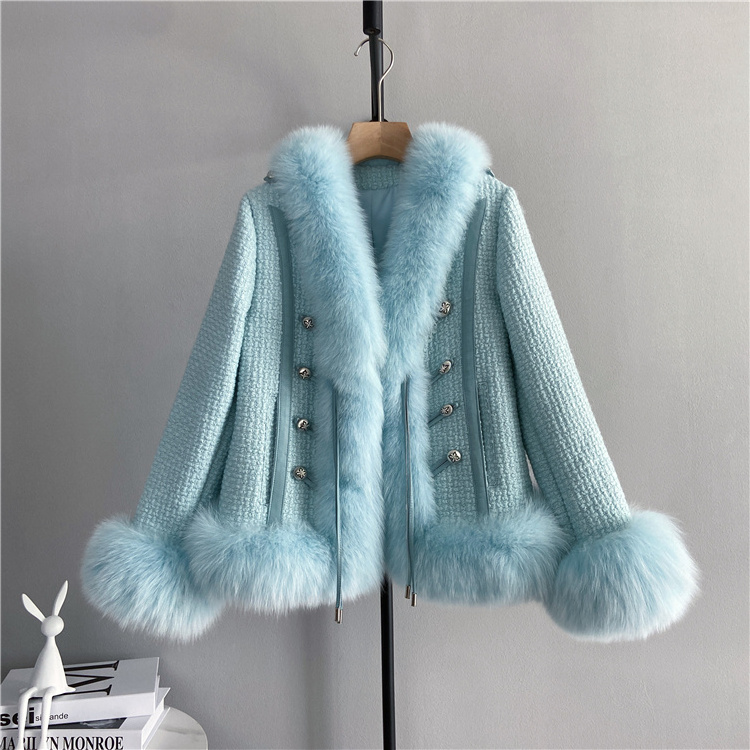 Factory Drop Shipping Knitted Tweed Wool Jacket With Real Fox Fur Trim Winter Women Fur Coat