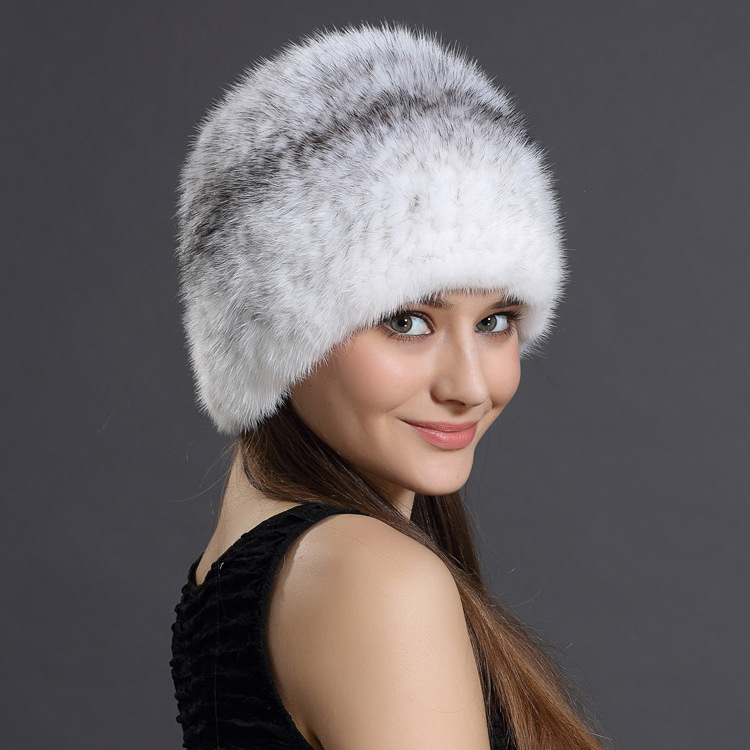 Knitted Real Mink Fur Hat Winter Warm Furry Real Fur Beanie Hat Women Fashion