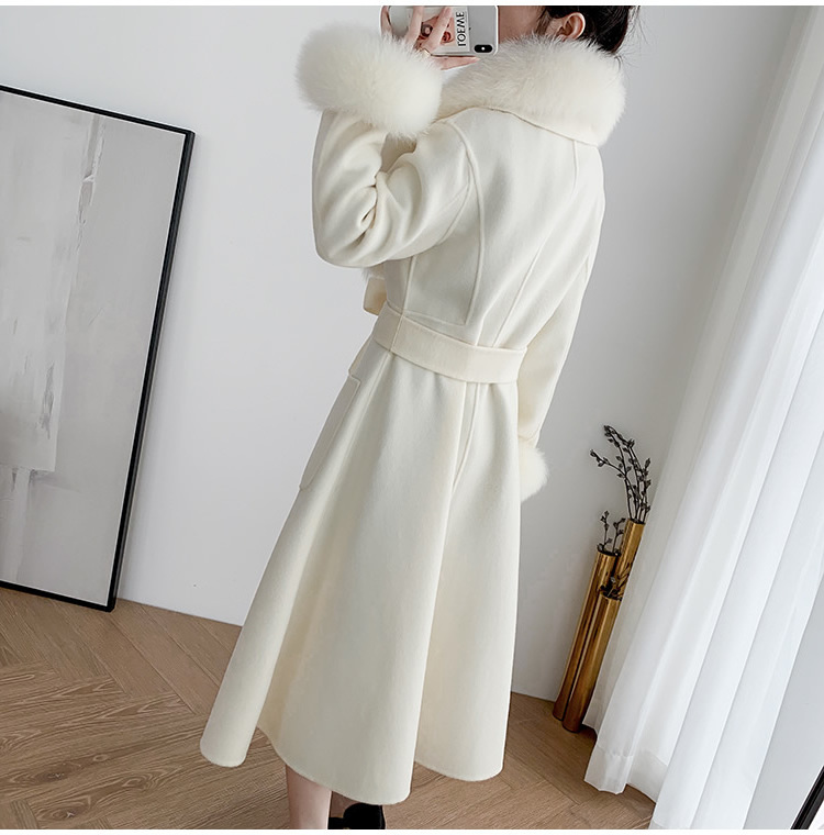 Winter Cashmere Wool Fur Fox Coat Long Style White Luxury Outerwear Belt Alpaca Coat Women With Real Animal Fur Trim