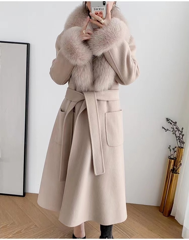 Winter Cashmere Wool Fur Fox Coat Long Style White Luxury Outerwear Belt Alpaca Coat Women With Real Animal Fur Trim