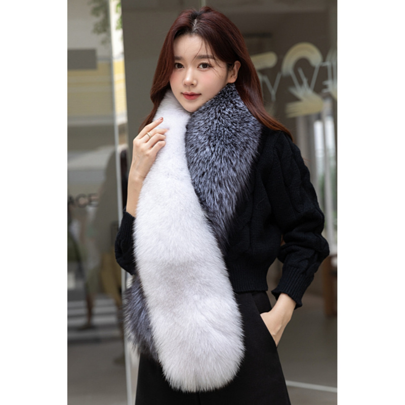 Winter Genuine Fur Scarf Women Real Silver Fox Fur Collar Neck Scarf Warm Fluffy Shawl Ladies