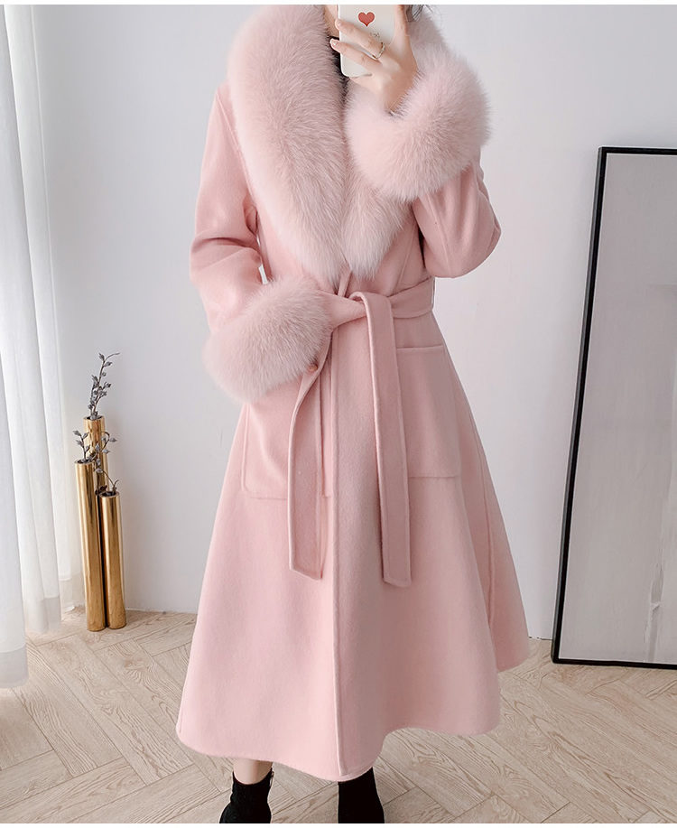 Winter Cashmere Wool Fur Fox Coat Long Style White Luxury Outerwear Belt Alpaca Coat Women With Real Animal Fur Trim