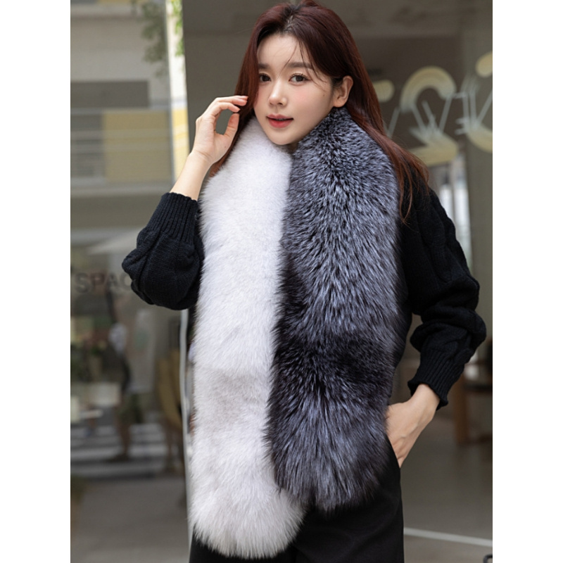 Winter Genuine Fur Scarf Women Real Silver Fox Fur Collar Neck Scarf Warm Fluffy Shawl Ladies