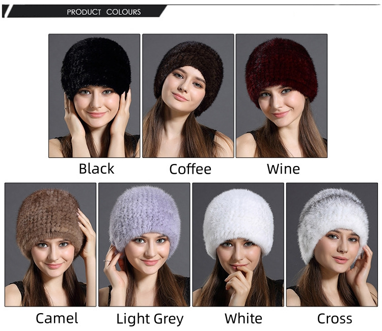 Knitted Real Mink Fur Hat Winter Warm Furry Real Fur Beanie Hat Women Fashion