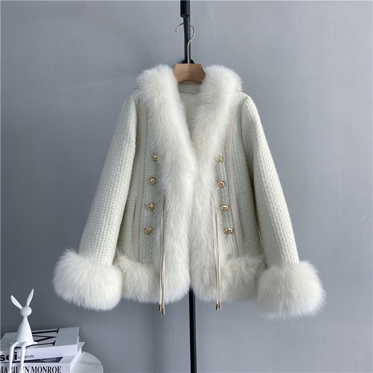 Factory Drop Shipping Knitted Tweed Wool Jacket With Real Fox Fur Trim Winter Women Fur Coat