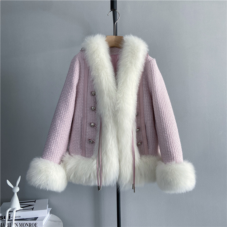 Factory Drop Shipping Knitted Tweed Wool Jacket With Real Fox Fur Trim Winter Women Fur Coat