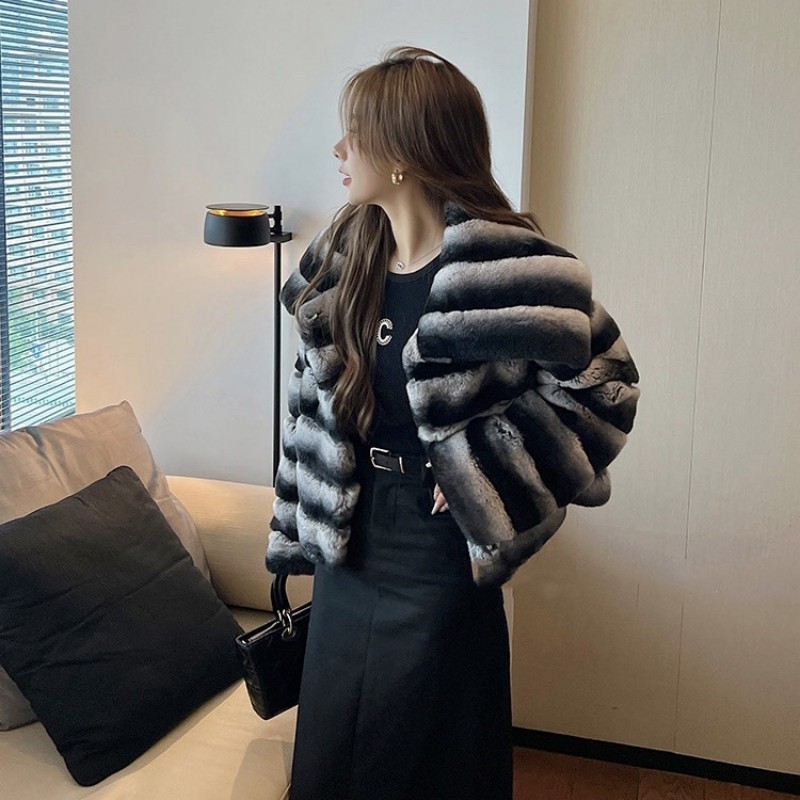 Winter Chinchilla Fur Coat For Women Thick Warm Soft Big Fur Collar Real Rex Rabbit Fur Coat