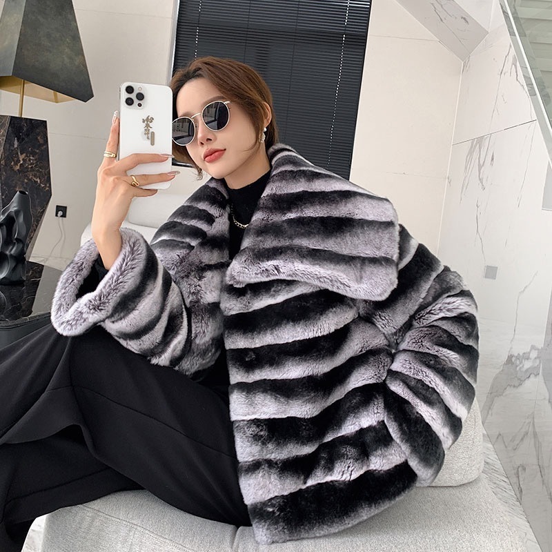 Winter Chinchilla Fur Coat For Women Thick Warm Soft Big Fur Collar Real Rex Rabbit Fur Coat