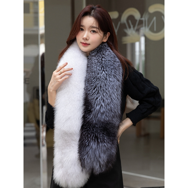 Winter Genuine Fur Scarf Women Real Silver Fox Fur Collar Neck Scarf Warm Fluffy Shawl Ladies