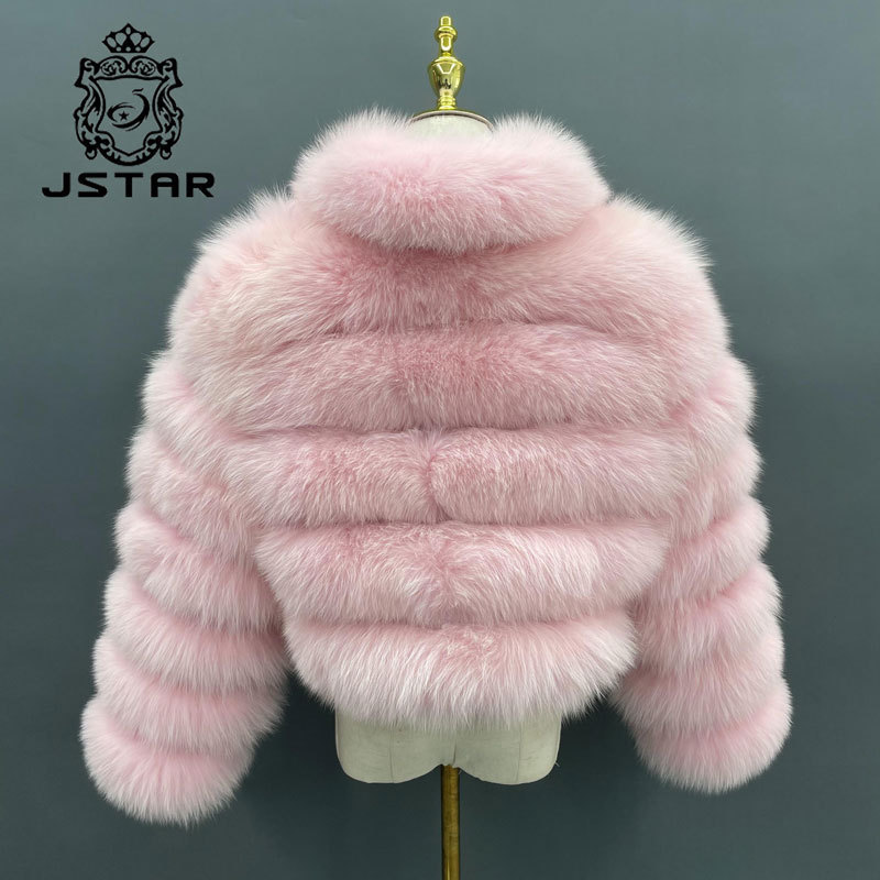 Fashion pink fur coat women real fox fur jacket lapel design zipper placket more warm in winter