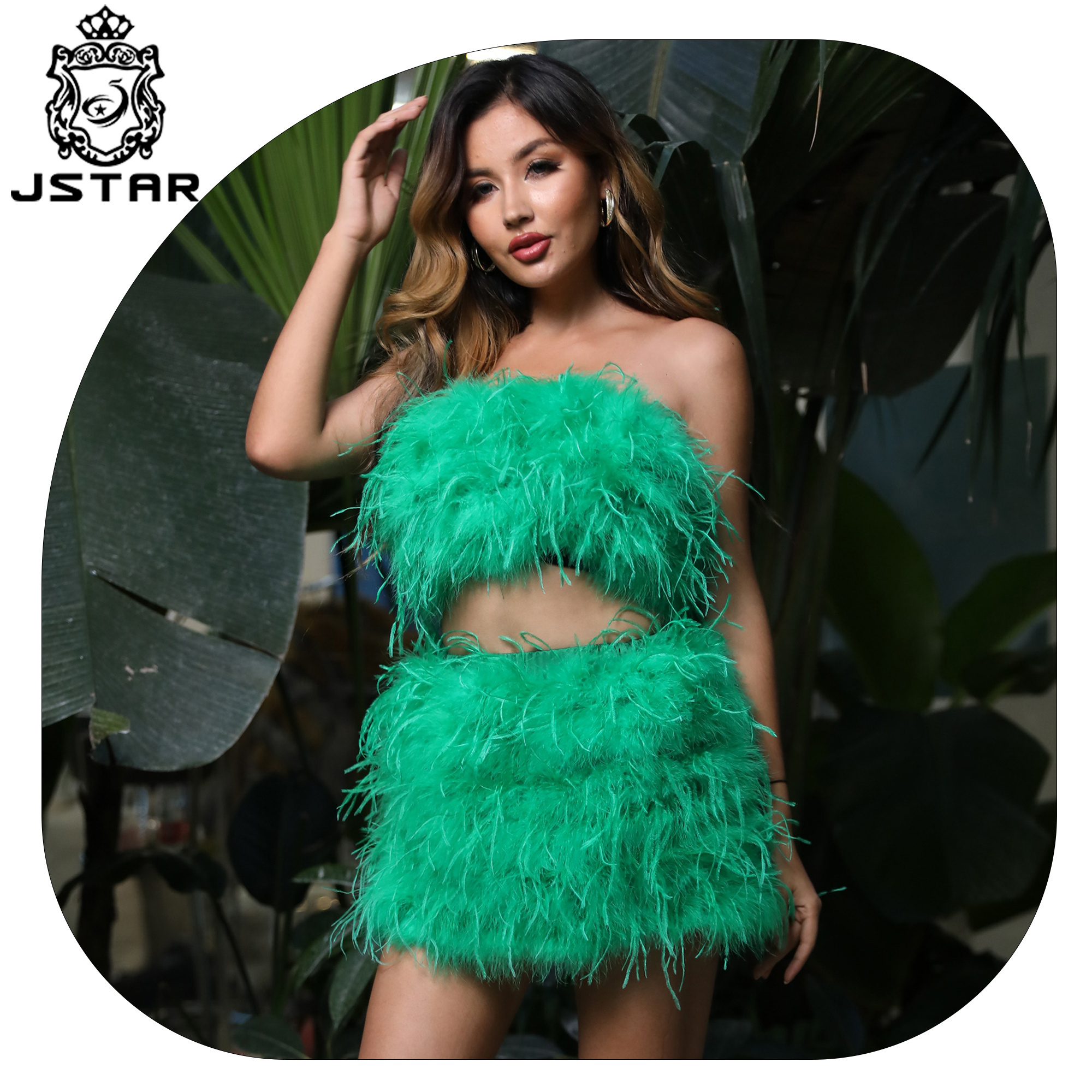 New sexy ostrich fur skirt set fashion ostrich feather skirt crop top and skirt set