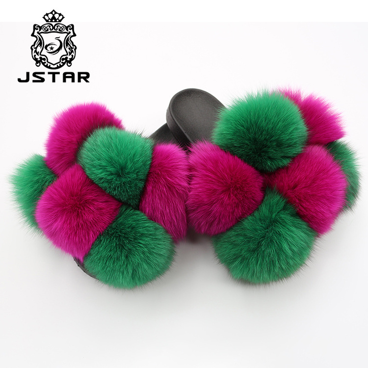 2023 winter slippers big fox fur slippers slides fur slides full and fluffy