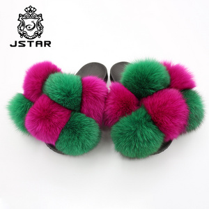 2023 winter slippers big fox fur slippers slides fur slides full and fluffy