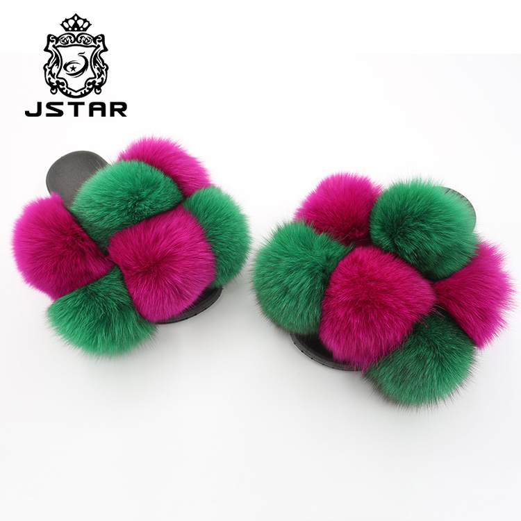 2023 winter slippers big fox fur slippers slides fur slides full and fluffy