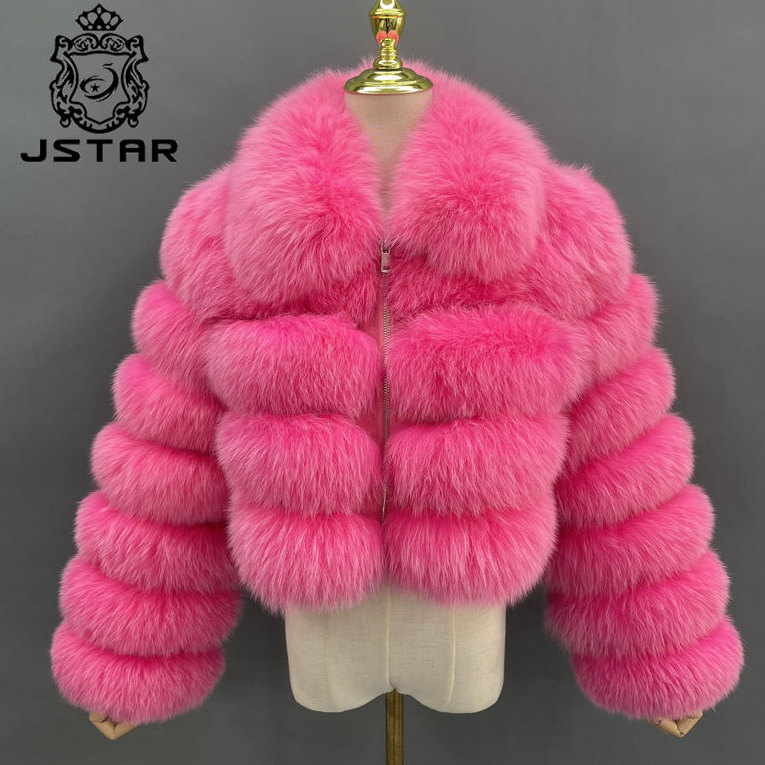 Fashion pink fur coat women real fox fur jacket lapel design zipper placket more warm in winter