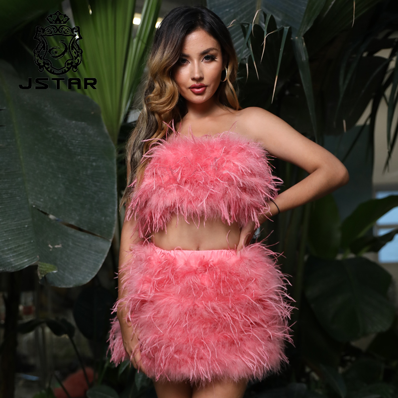 New sexy ostrich fur skirt set fashion ostrich feather skirt crop top and skirt set