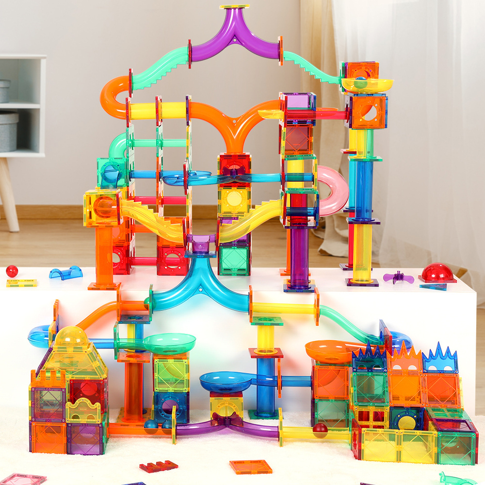 200Pcs Ready To Ship Toys Marble Run Building Blocks Set Educational Construction Toys Non-Toxic Magnetic Tiles With LED Ball