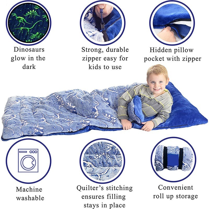 Luminescent Blue Glow In The Night Sleeping Blanket Pad Plush Glowing T-Rex Nap Mat Kids Children Animal Sleeping Bag