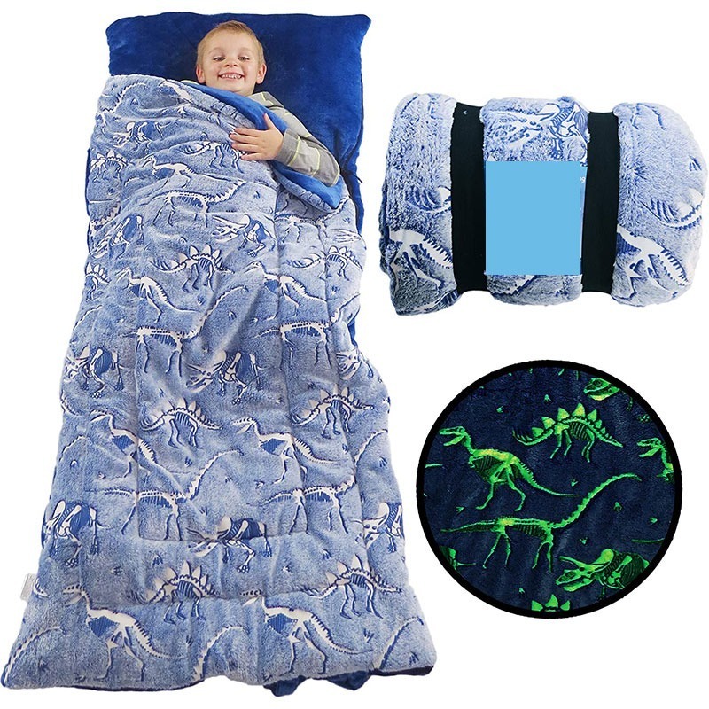 Luminescent Blue Glow In The Night Sleeping Blanket Pad Plush Glowing T-Rex Nap Mat Kids Children Animal Sleeping Bag