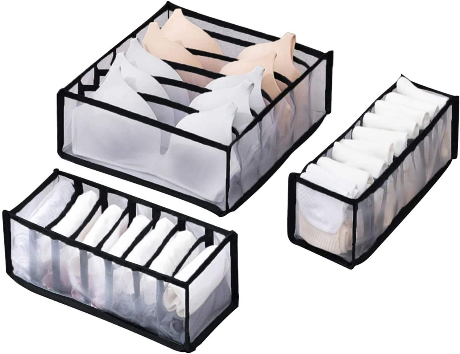 Washable 3 set socks bra nylon mesh storage box closet underwear organizer with 6 7 11 grids for drawer