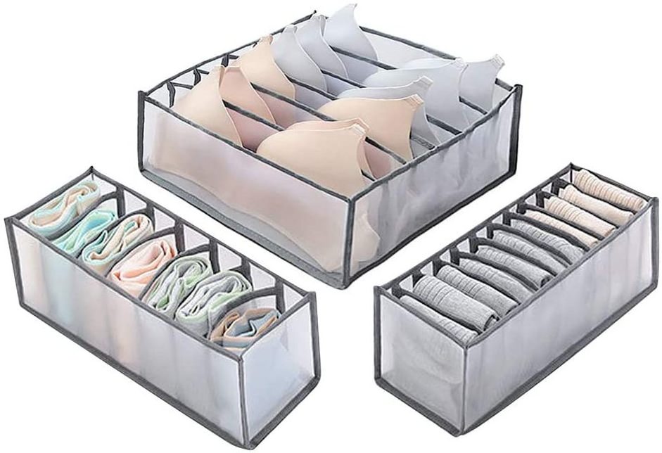 Washable 3 set socks bra nylon mesh storage box closet underwear organizer with 6 7 11 grids for drawer