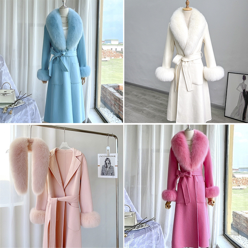 Fox Fur Coat Trimming Luxury Cashmere Wool Fur Coat Women Pink Black Wool Cashmere Fur Coat