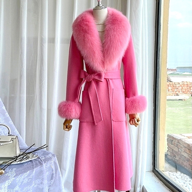 Fox Fur Coat Trimming Luxury Cashmere Wool Fur Coat Women Pink Black Wool Cashmere Fur Coat